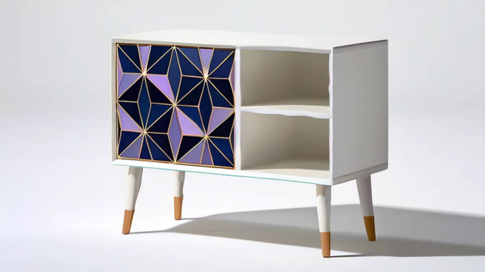 Biała szafka nocna MDF 80 x 40 x 65 cm z geometrycznym frontem, półkami i drzwiami
