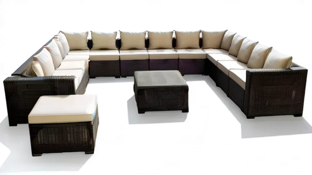 Modułowy zestaw wypoczynkowy w kształcie U z technorattanu, brązowo-beżowy, 350 × 280 × 80 cm