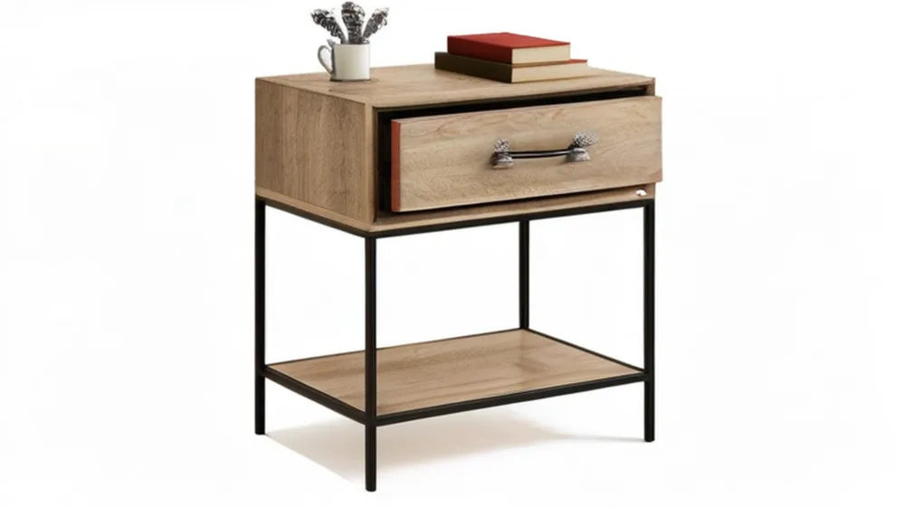 Szafka nocna industrialna z szufladą i półką, dekor dębu/czarna, 45 x 40 x 55 cm