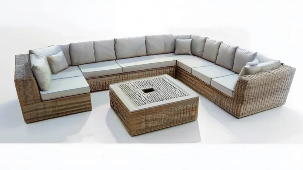 Modułowy zestaw wypoczynkowy w kształcie U z technorattanu, beżowo-jasnoszary, 300 × 250 × 75 cm ze stolikiem 100 × 100 cm