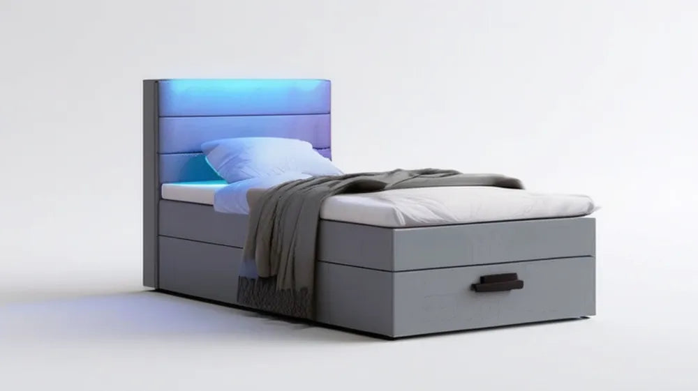 Szare łóżko kontynentalne 140 x 200 cm z oświetleniem LED i szufladą
