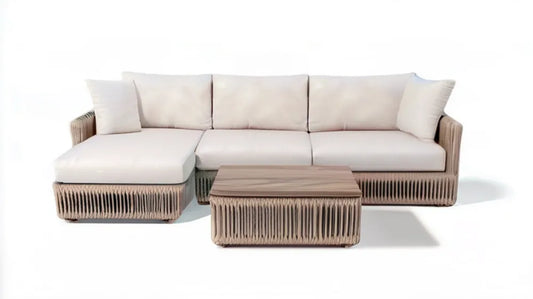 Beżowa narożna sofa ogrodowa z leżanką i stolikiem, aluminium, lina PE, poliester, 250 × 160 × 72 cm
