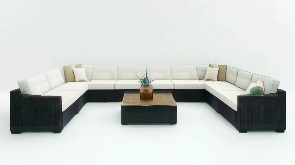 Modułowy zestaw wypoczynkowy w kształcie U z technorattanu PE, czarny/kremowy/brązowy, 400 × 300 cm ze stolikiem
