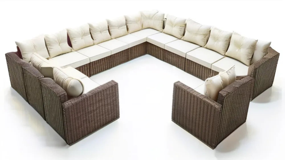 Modułowy zestaw wypoczynkowy ogrodowy w kształcie U z technorattanu PE, brązowo-kremowy, 400 x 300 x 65 cm, 12 elementów