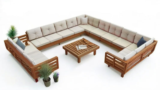 Modułowy zestaw ogrodowy w kształcie U z drewna akacjowego, brązowy/beżowy, 420 × 320 cm