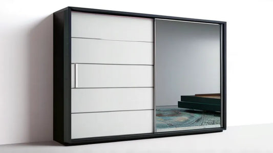 Dwudrzwiowa szafa przesuwna z lustrem czarno-biało-srebrna 200 × 60 × 200 cm
