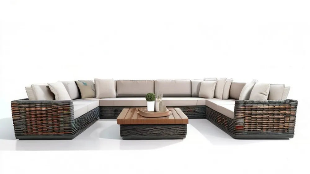 Modułowy zestaw wypoczynkowy U z technorattanu ze stolikiem, beżowo-czarno-brązowy, 360 × 290 × 70 cm